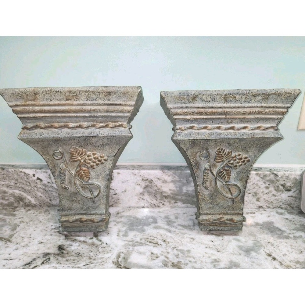 Set of 2 Rustic Wall Sconces Shelf Corbels Grapes Vineyard Green Heavy 12"x10"